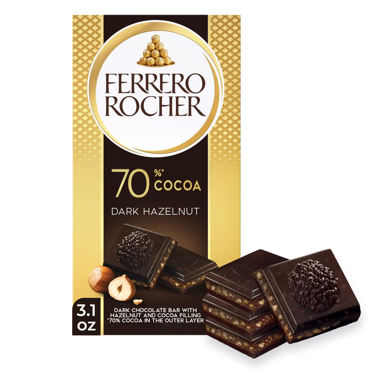 Ferrero Rocher 70% Cocoa Dark Hazelnut chocolate packaging on a white background