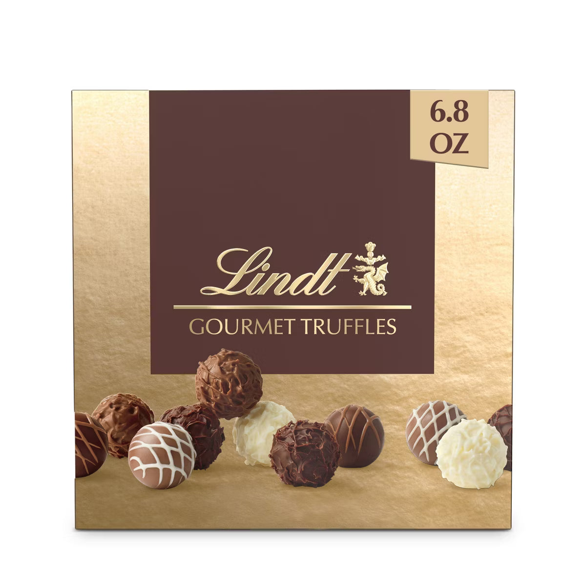 Lindt Gourmet Truffles packaging with truffles displayed on a white background