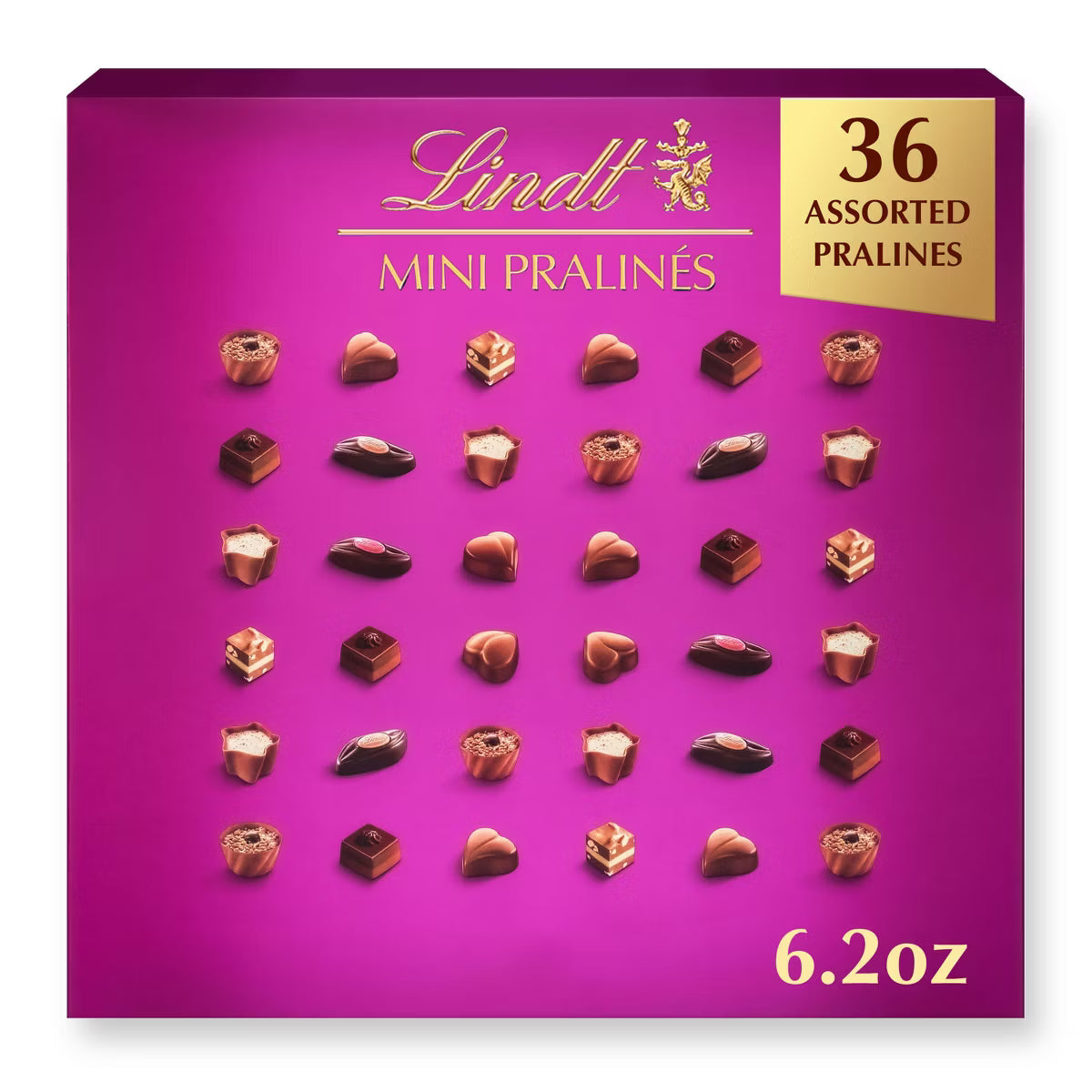 Lindt mini pralines packaging with a purple background