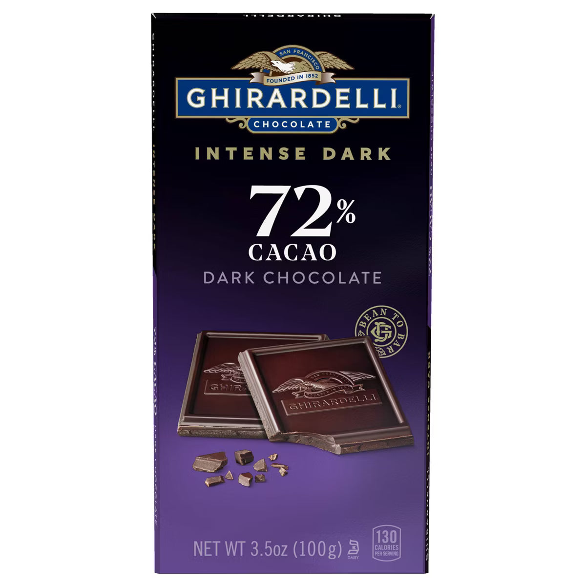 Ghirardelli Intense Dark 72% Cacao dark chocolate packaging on a white background