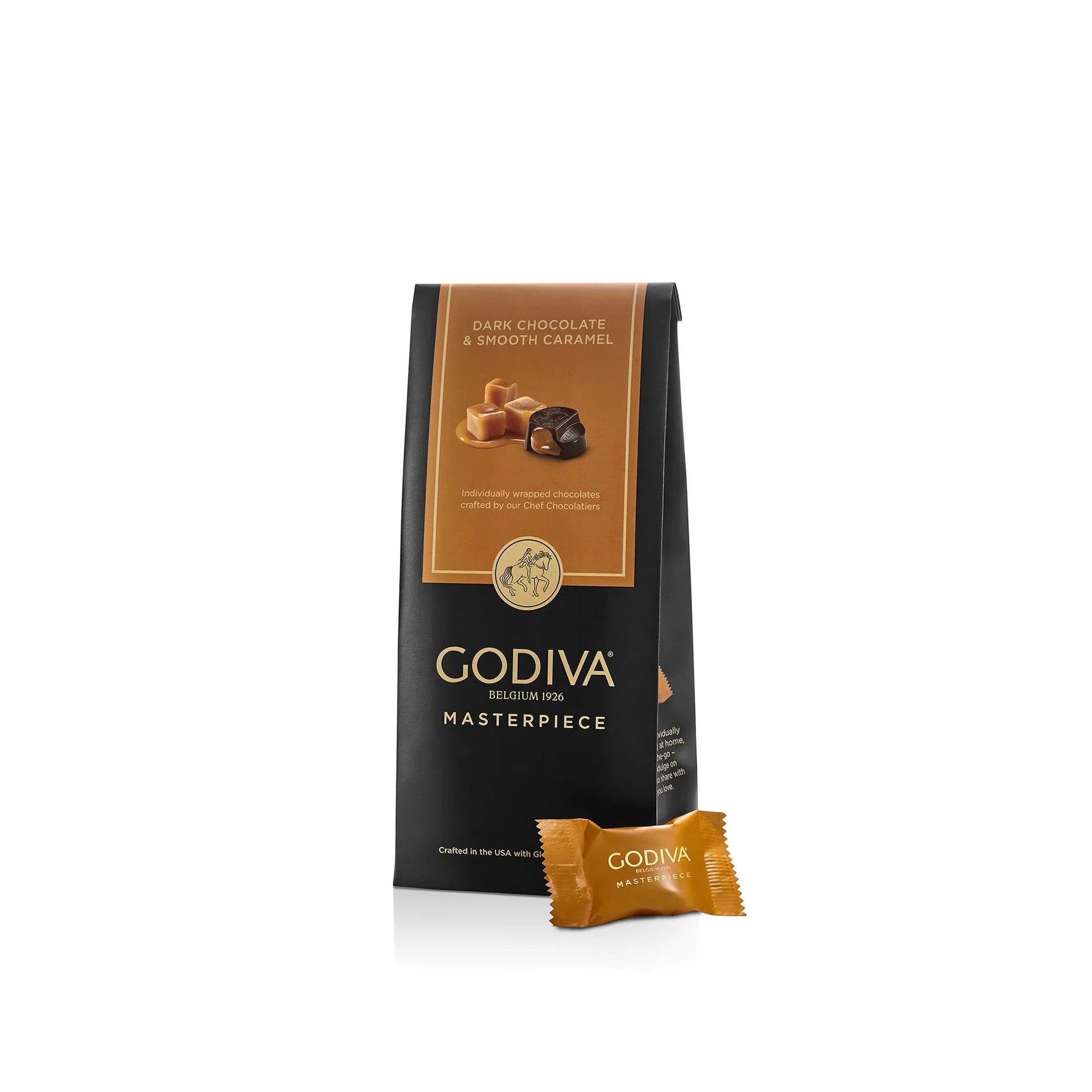 Godiva chocolate packaging with a small chocolate bar on a white background
