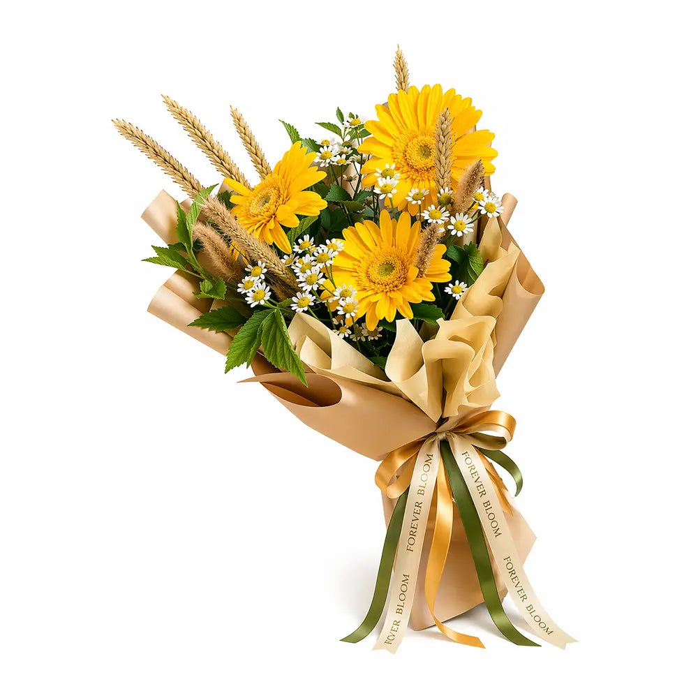 Bouquet of yellow flowers with greenery and a gold ribbon on a white background