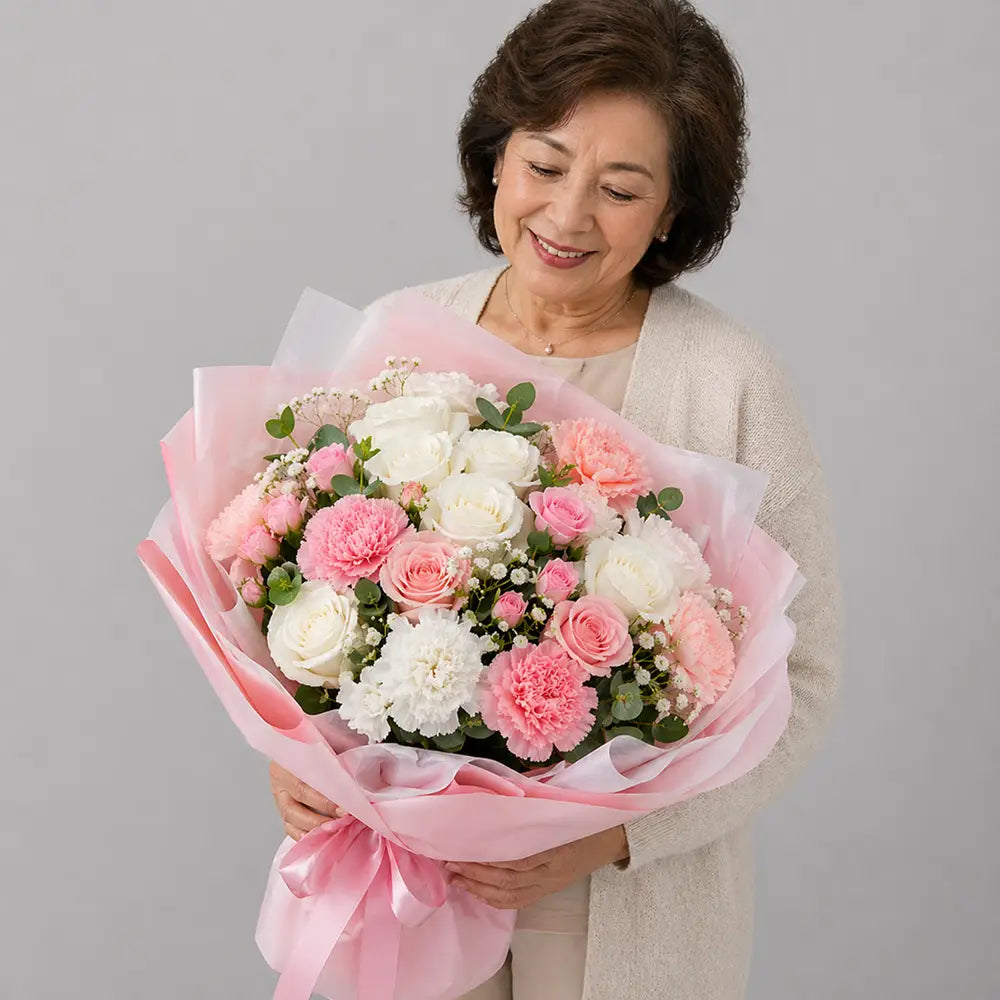 Woman holding a bouquet of pink and white flowers against a gray background
