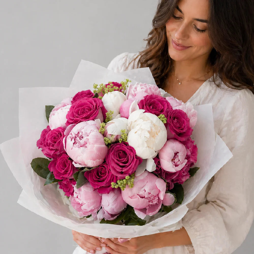 Woman holding a bouquet of pink and purple flowers against a gray background