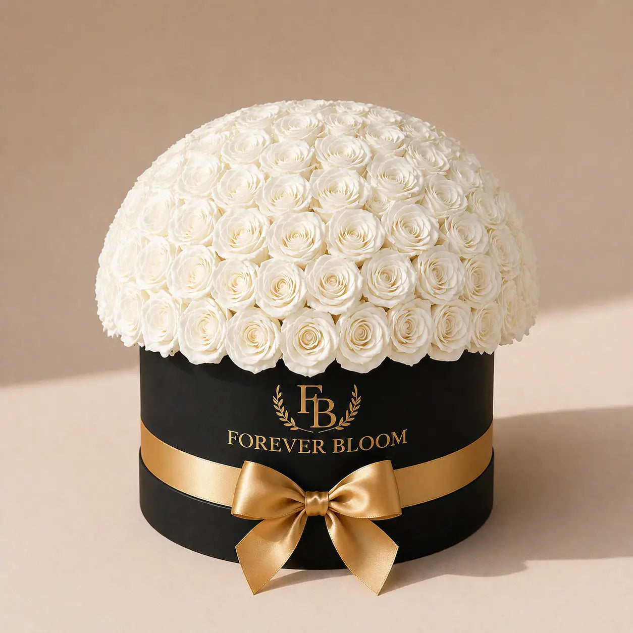 Black box with white roses and a gold bow, featuring 'Forever Bloom' branding on a beige background.