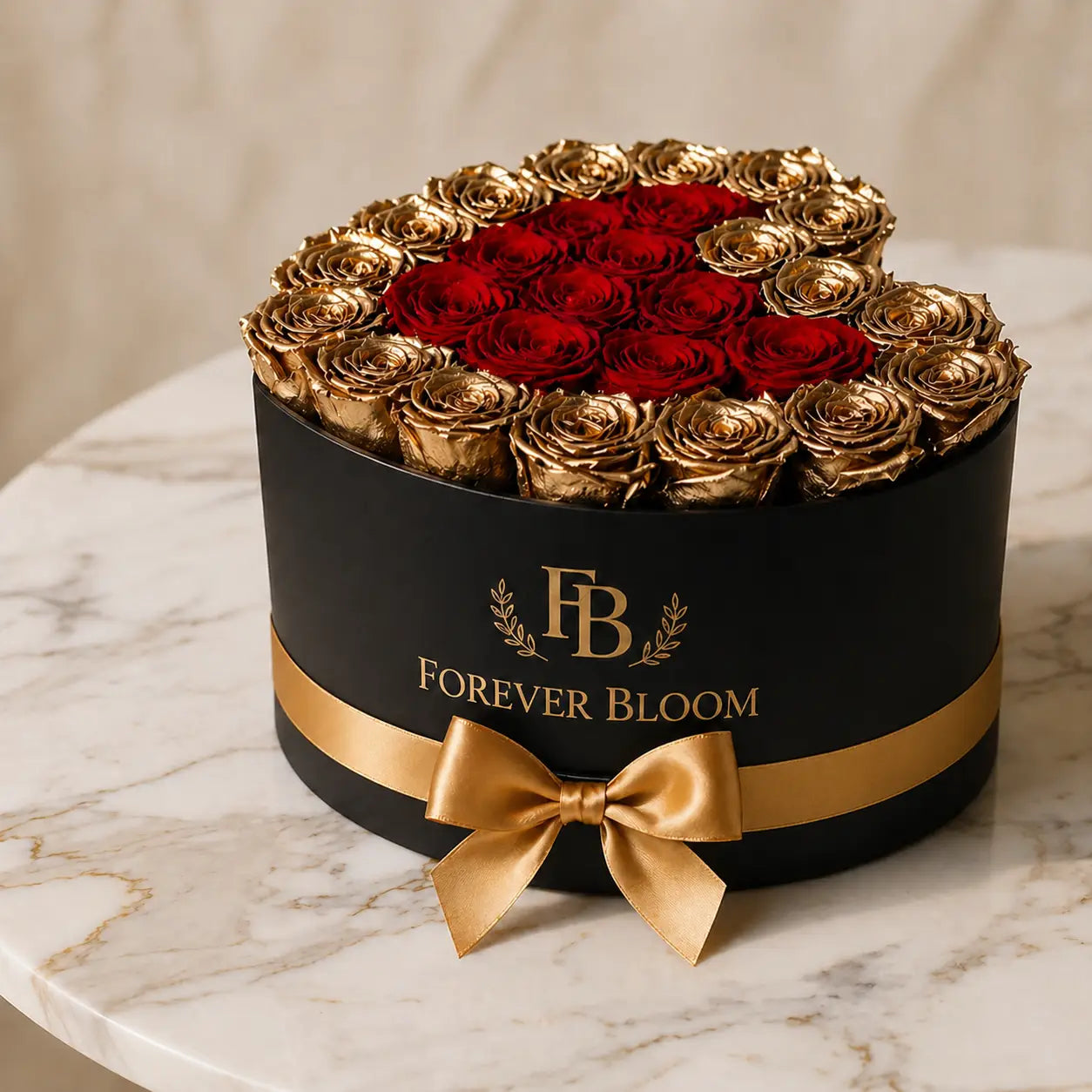 Black box with gold ribbon containing red and gold roses on a marble surface, branded 'Forever Bloom'.
