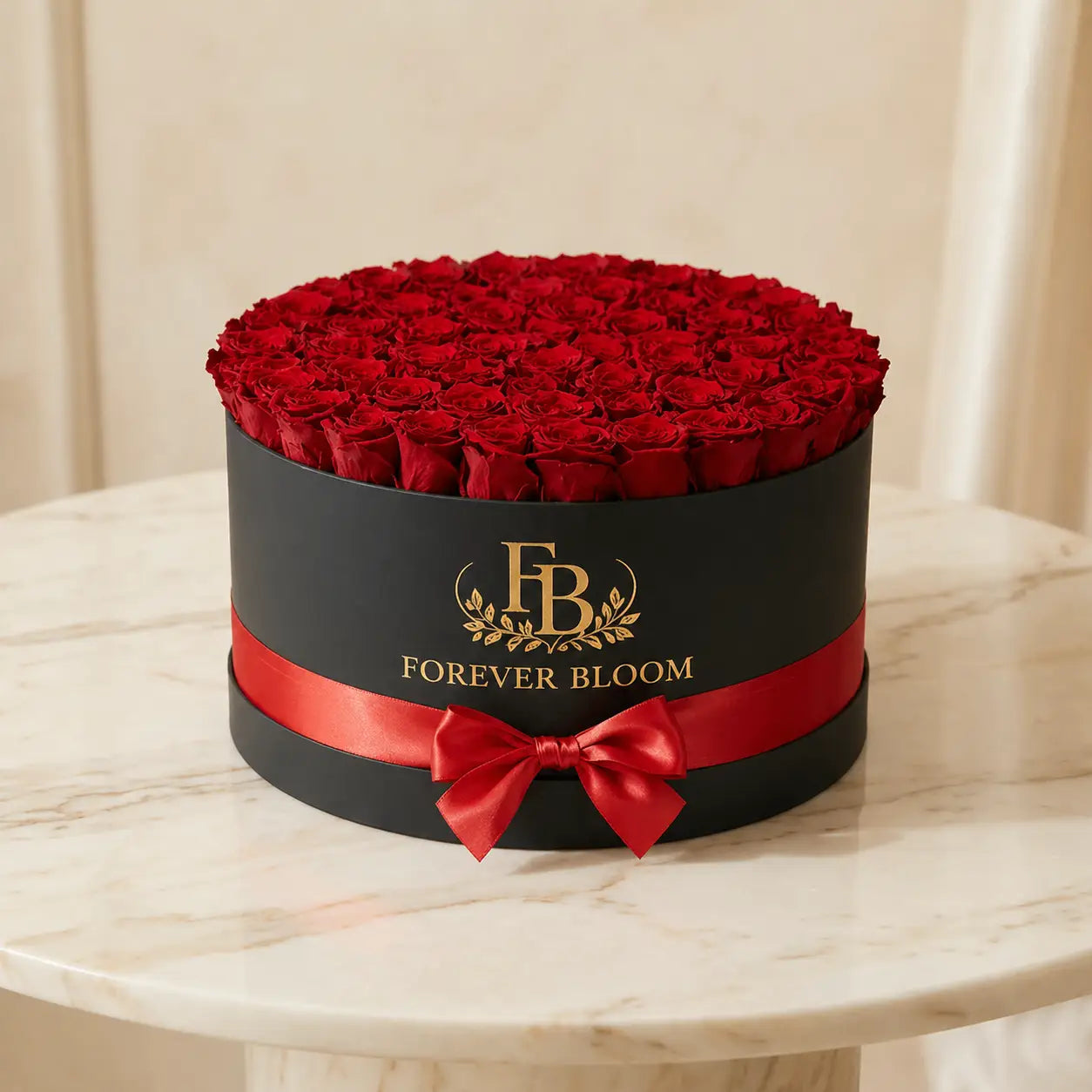 Black box with red roses and a red ribbon on a marble surface, featuring 'Forever Bloom' branding.