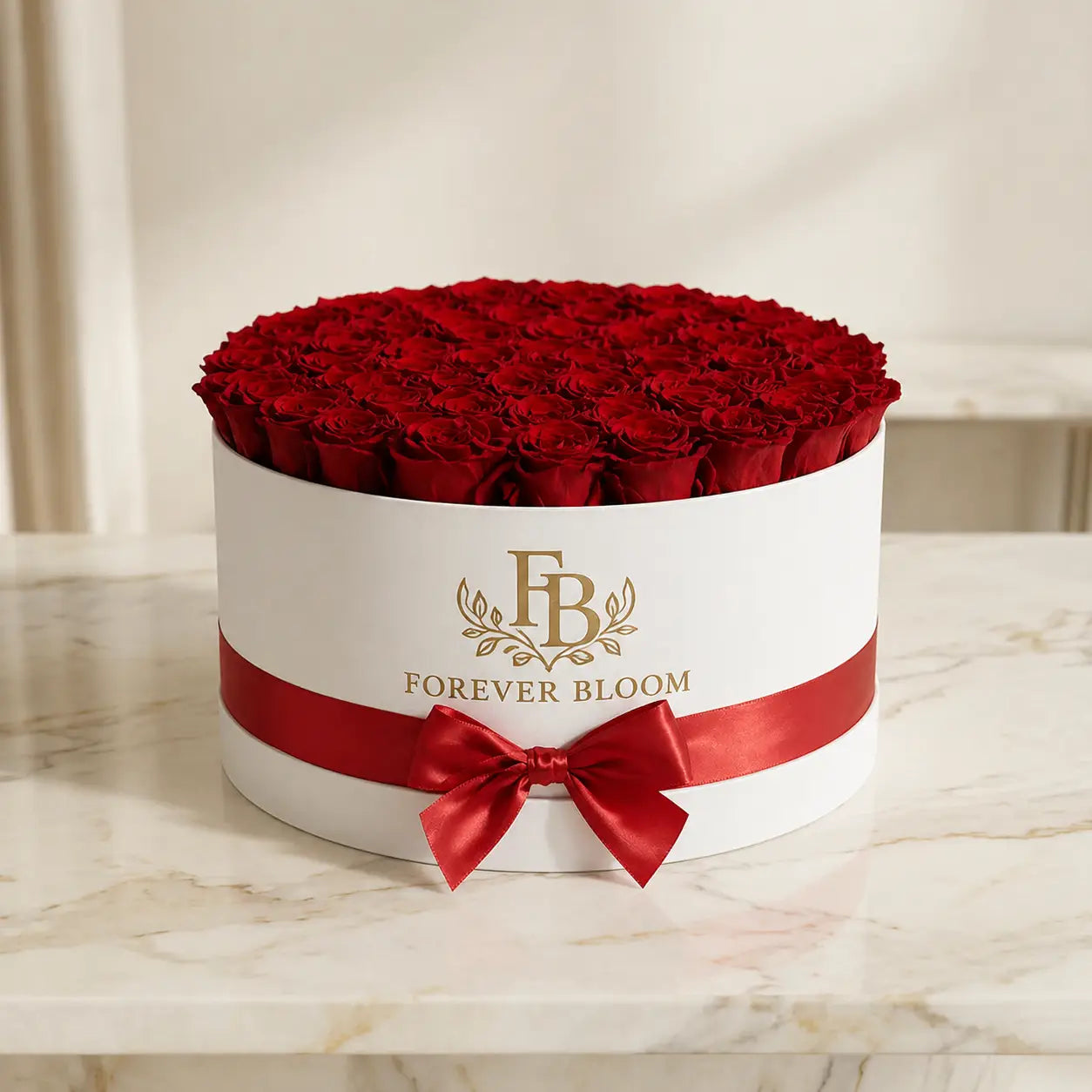 Round white box filled with red roses and a red ribbon, featuring 'Forever Bloom' branding.