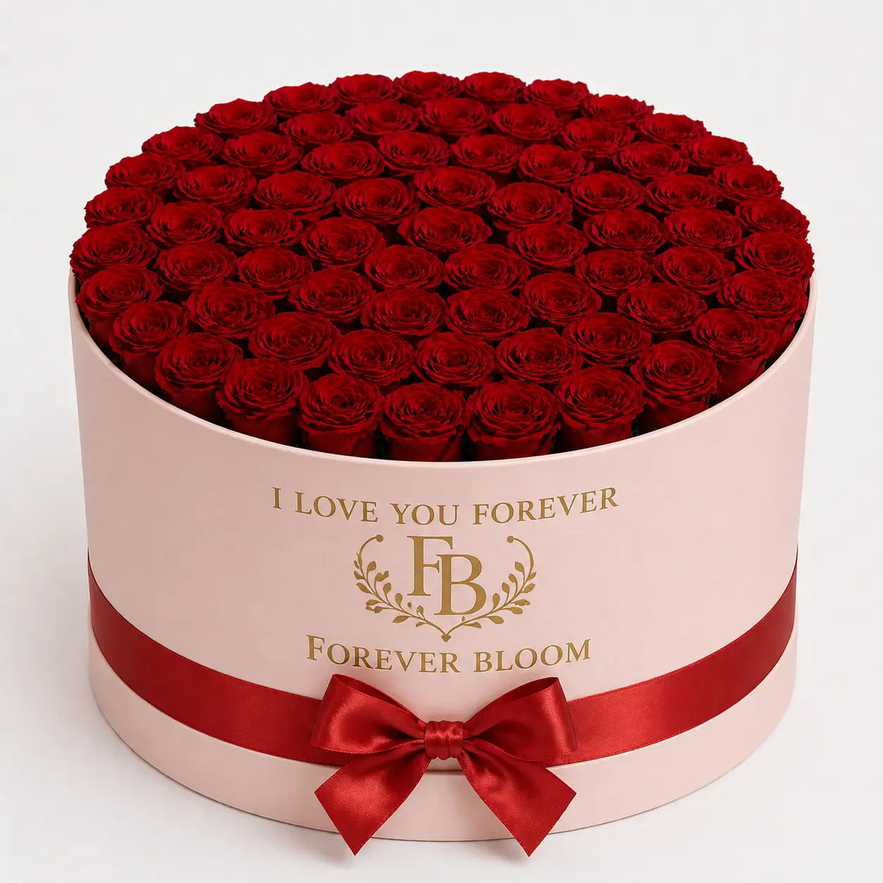 Round box filled with red roses and a red ribbon, featuring 'Forever Bloom' branding.
