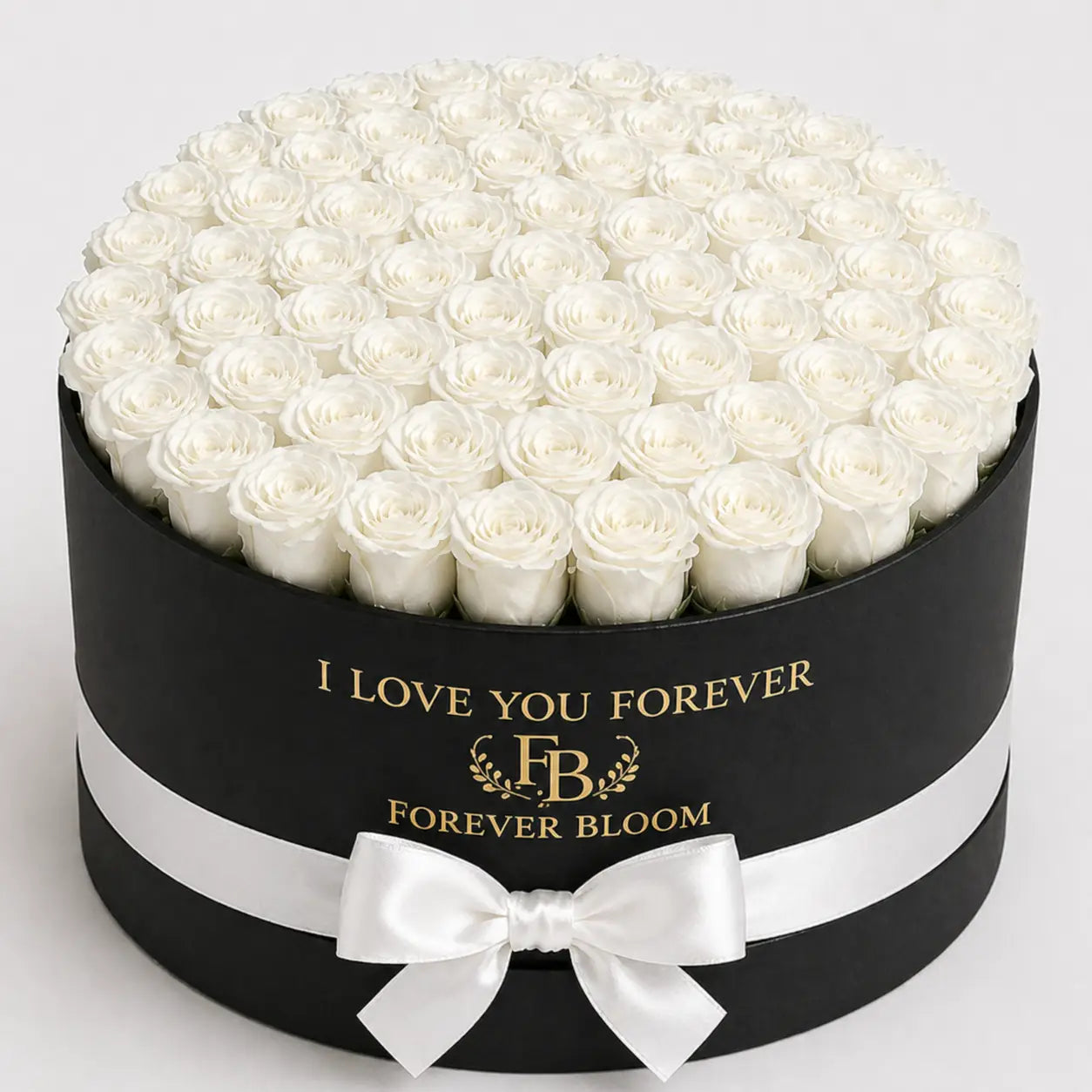 Black box with white roses and 'I Love You Forever' text, featuring the brand 'Forever Bloom'.