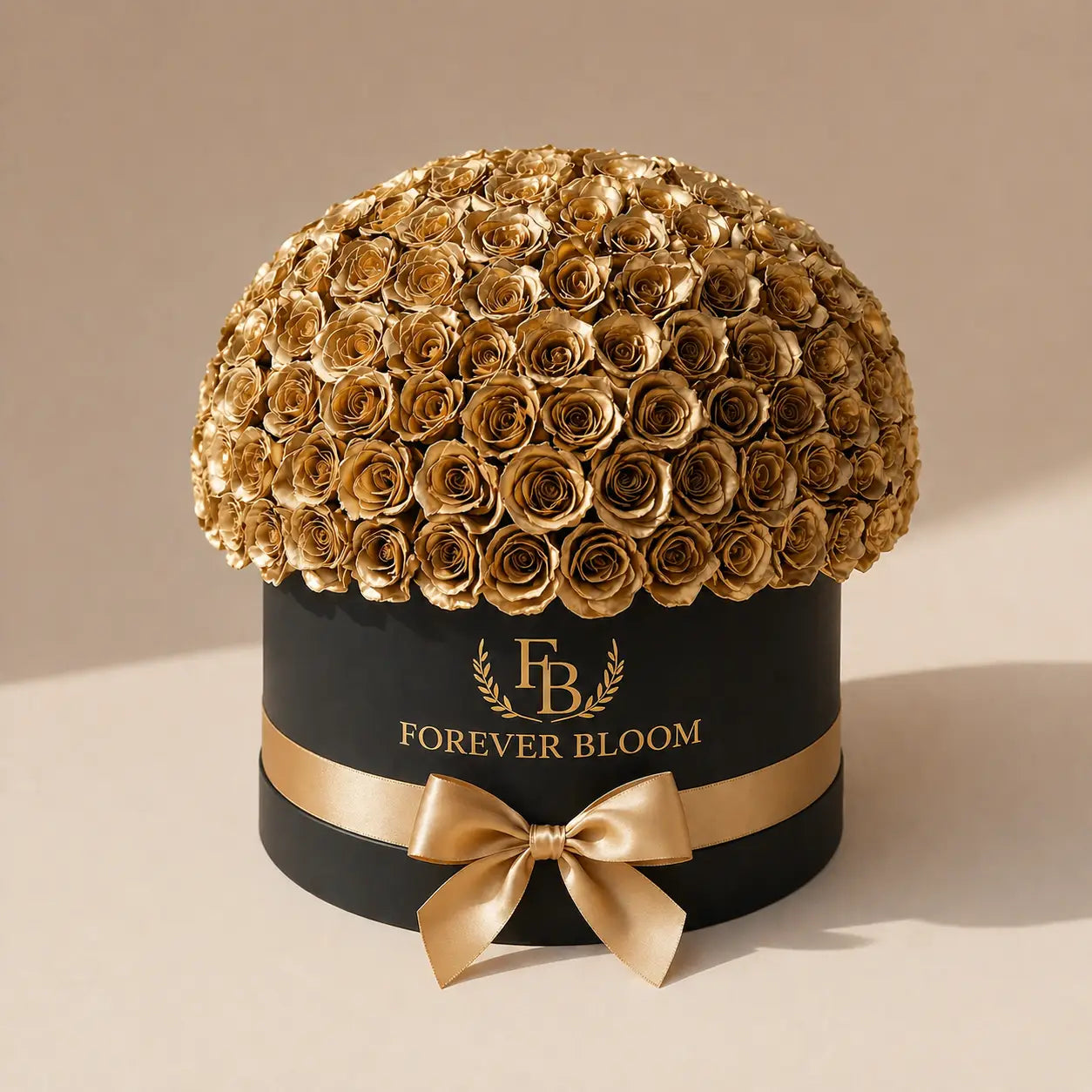 Black box with gold roses and a bow, featuring 'Forever Bloom' branding on a beige background.