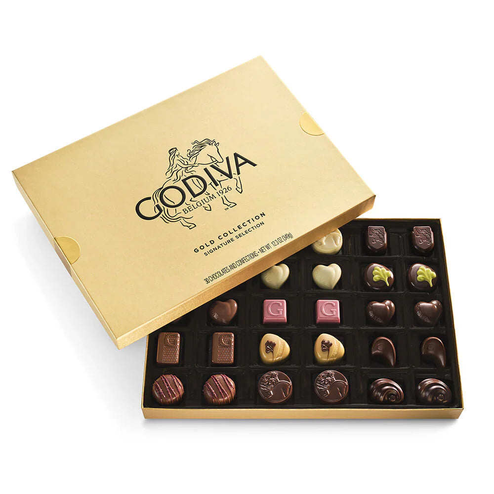 Godiva Gold Collection chocolate box with assorted chocolates on a white background