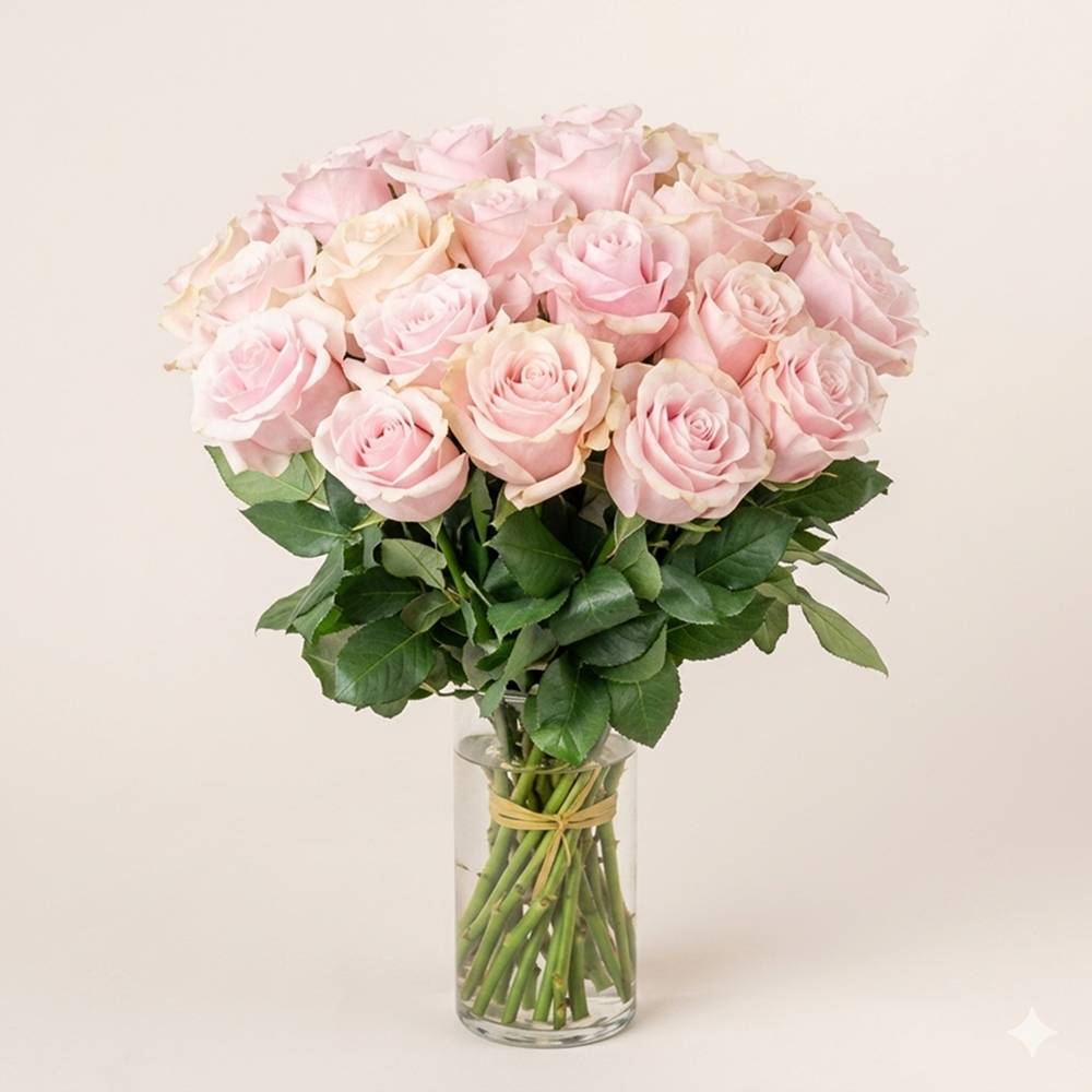 Bouquet of pink roses in a clear vase on a light background
