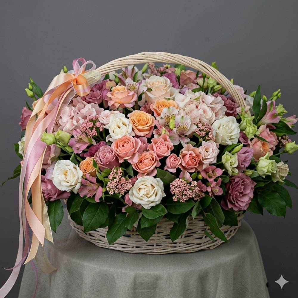 Bouquet of flowers in a basket with a pink ribbon on a gray background