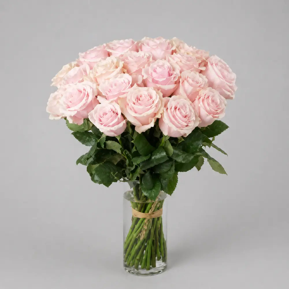Bouquet of pink roses in a clear vase on a gray background