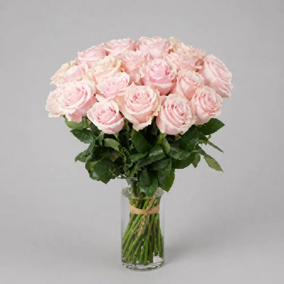 Bouquet of pink roses in a clear vase on a gray background