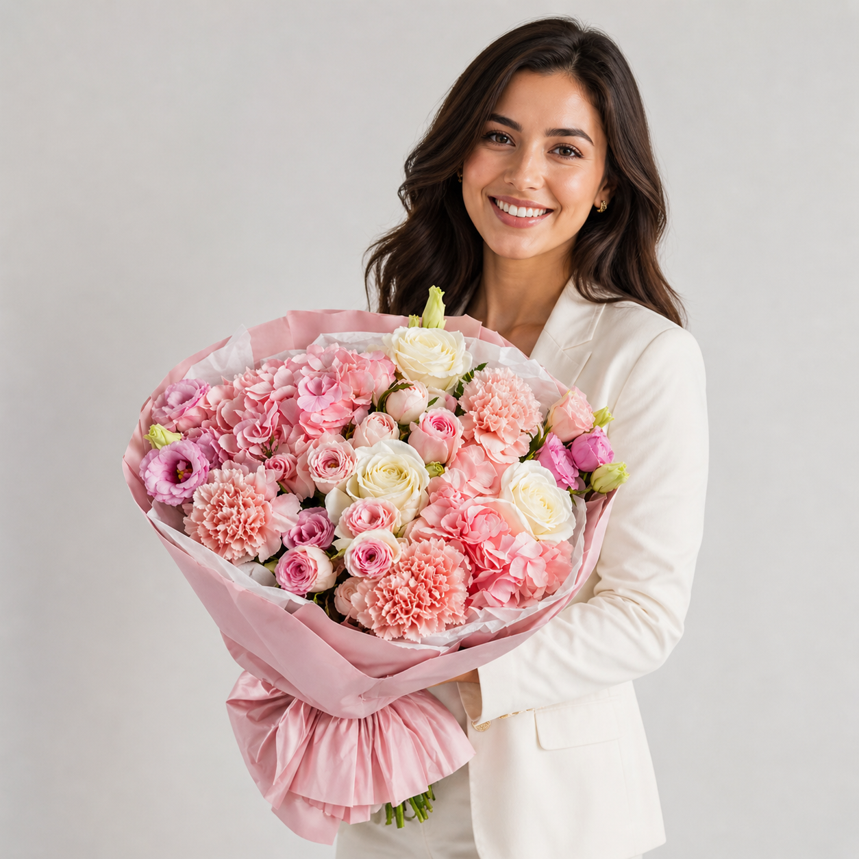 Woman holding a bouquet of pink and white flowers against a plain background