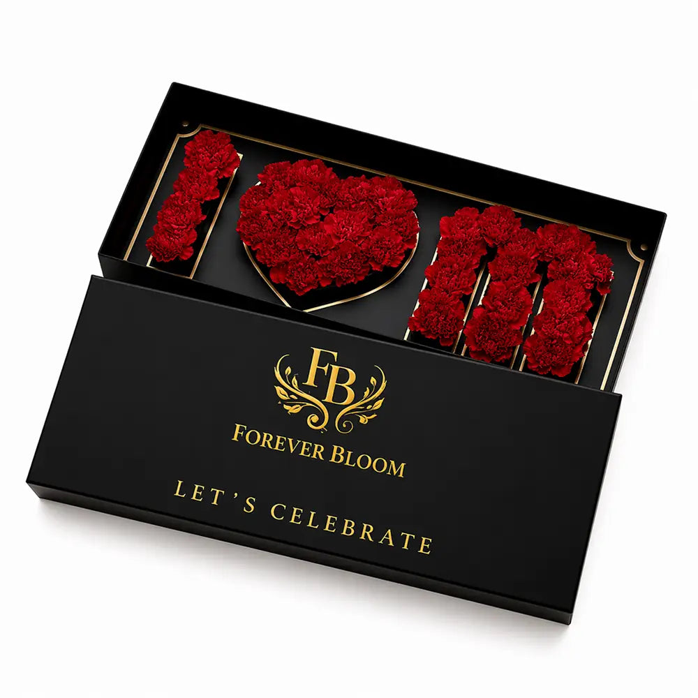 Black box with red flowers and 'Forever Bloom' branding on a white background