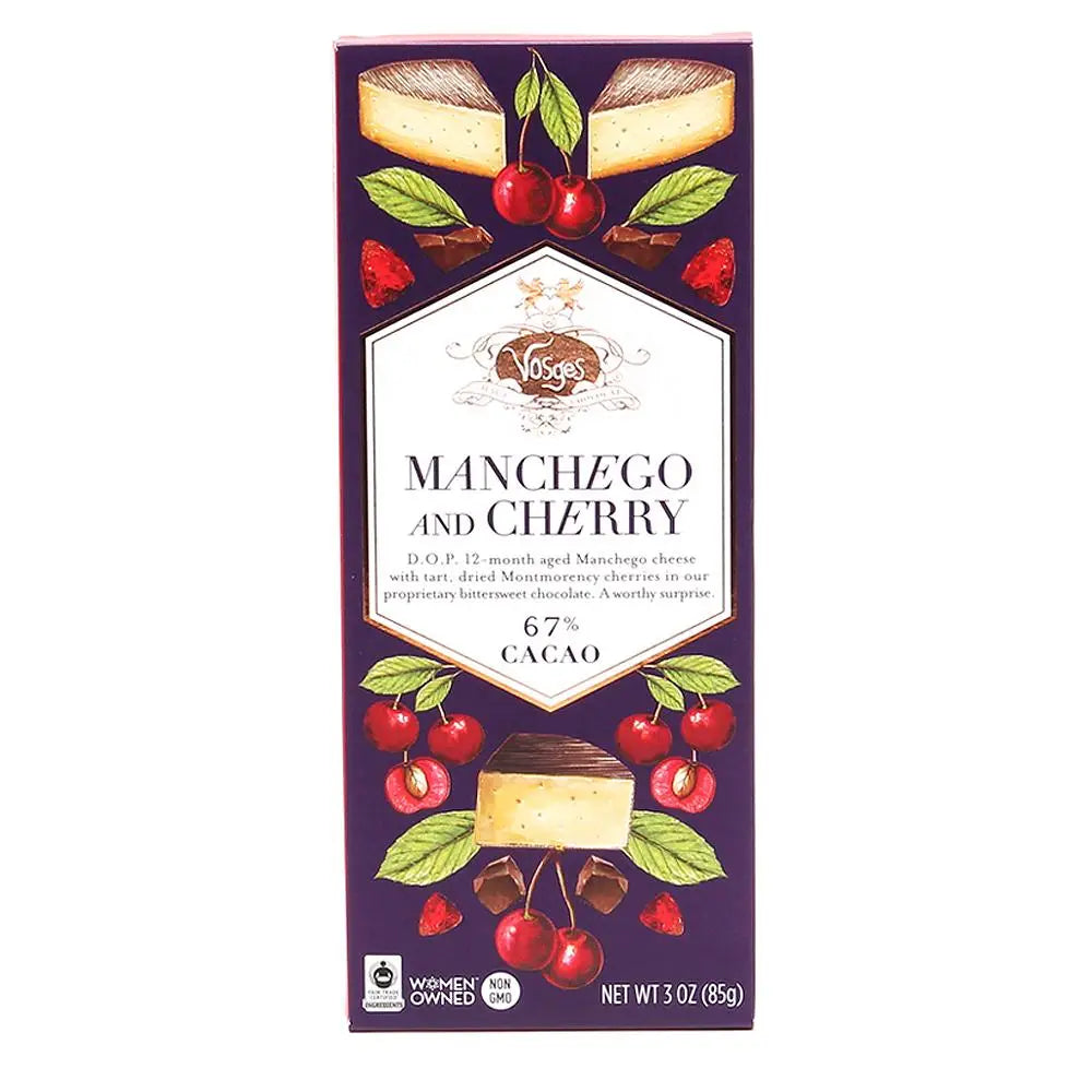Voges Manchego and Cherry chocolate bar packaging on a white background