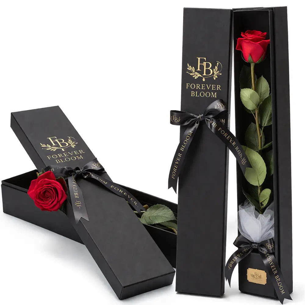 Red rose in a black box with 'Forever Bloom' branding on a white background