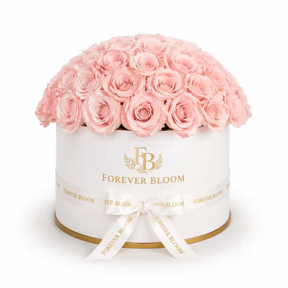 White box with pink roses and 'Forever Bloom' branding on a white background