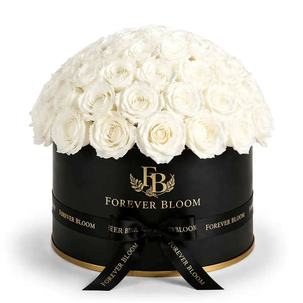 Black box with white roses and 'Forever Bloom' branding on a white background