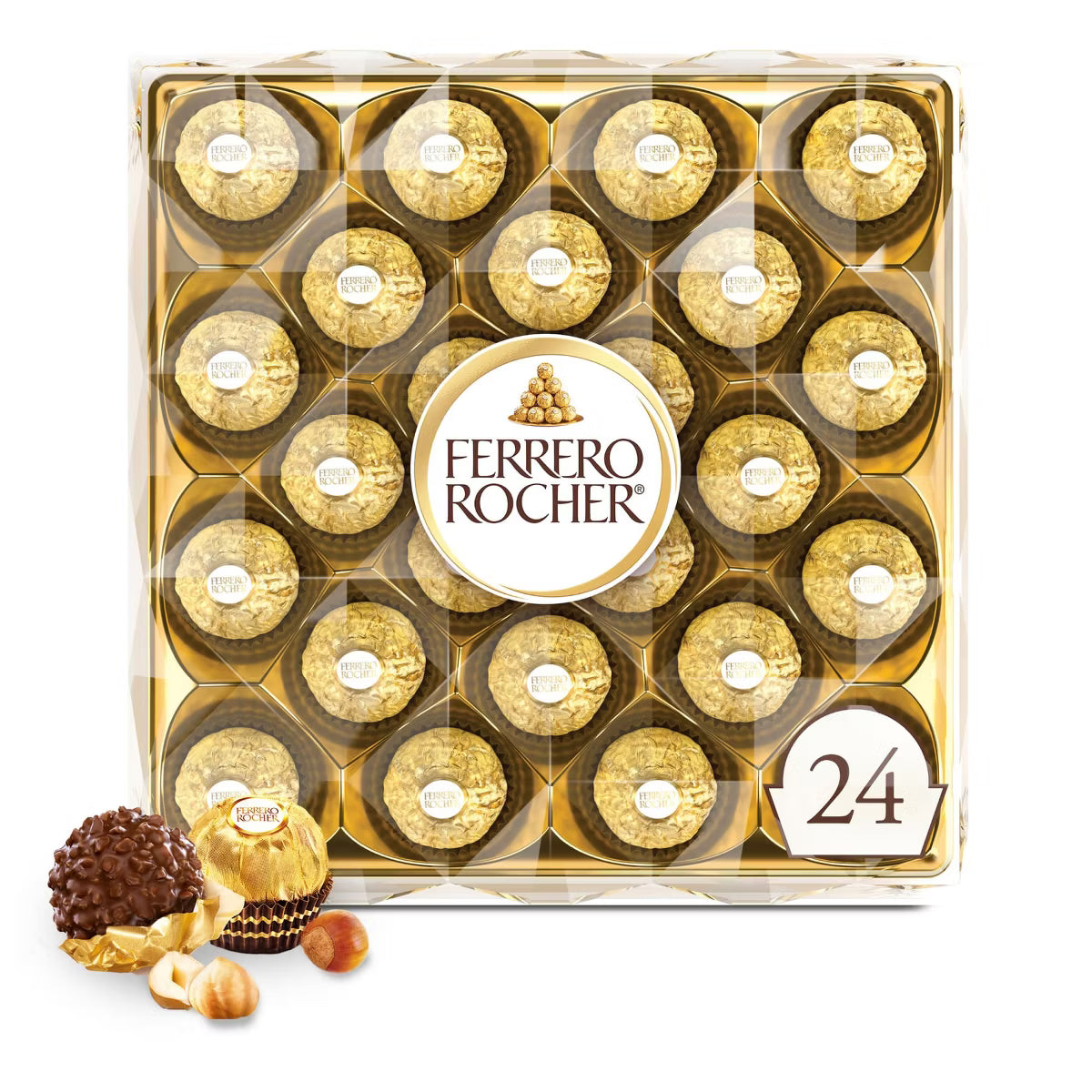 Pack of Ferrero Rocher chocolates with clear packaging on a white background