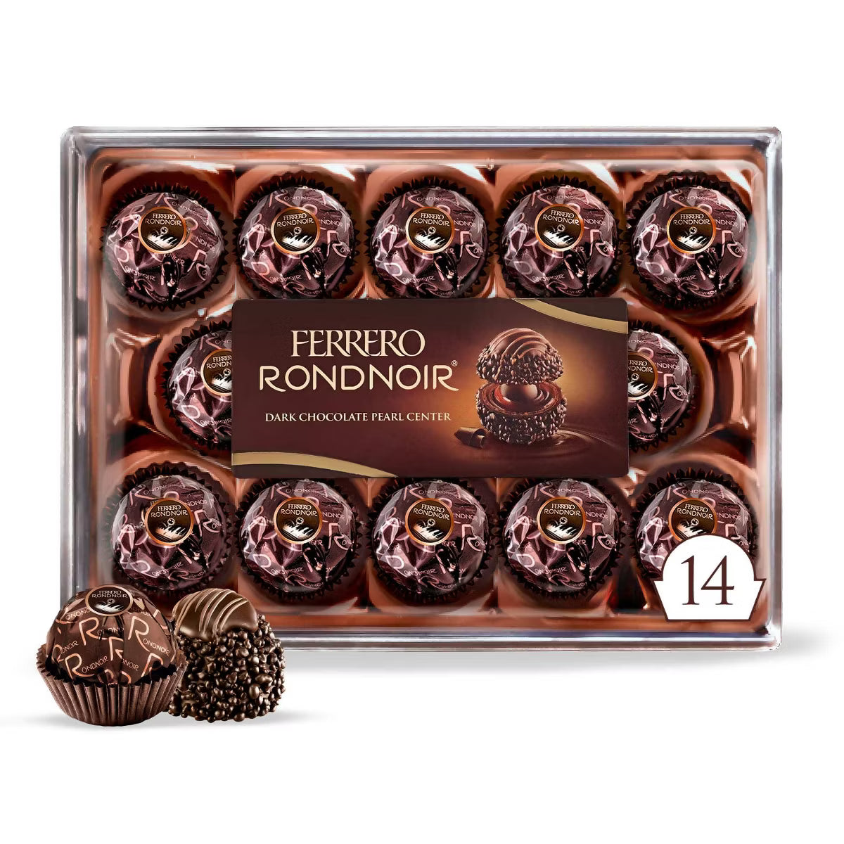 Ferrero Rondnoir chocolate truffles in a box on a white background
