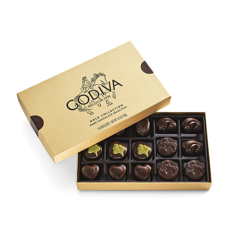 Godiva chocolate box with assorted chocolates on a white background