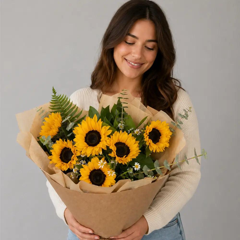 Woman holding a bouquet of sunflowers wrapped in brown paper against a gray background