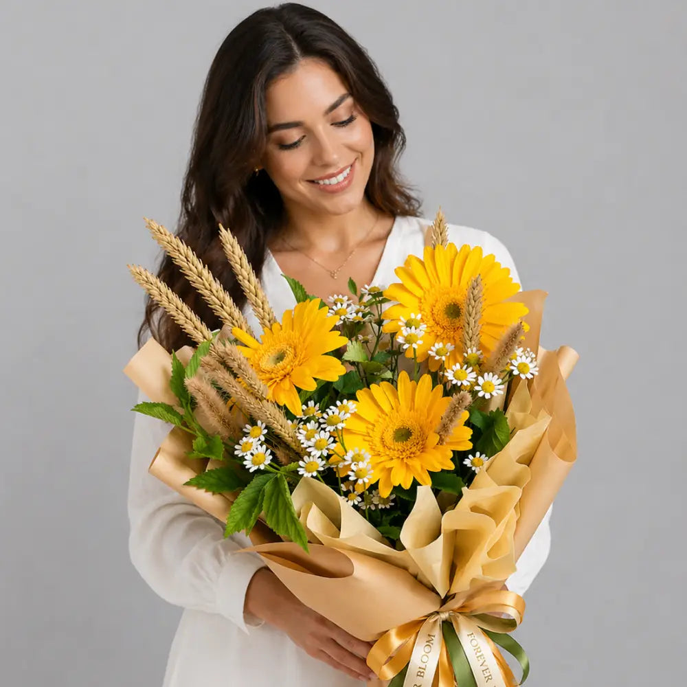 Woman holding a bouquet of yellow flowers with a gray background