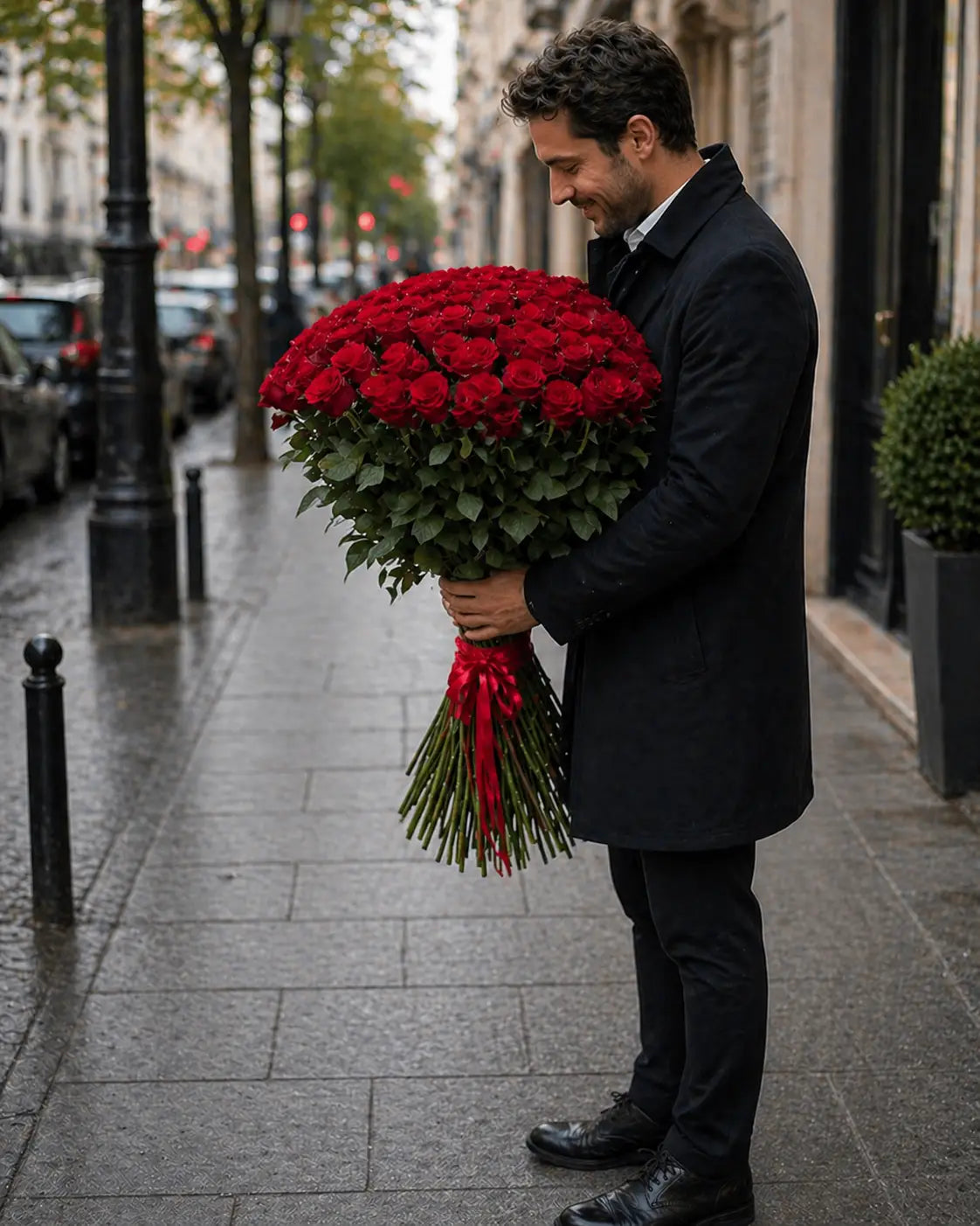 Man holding a large bouquet of red roses on a city street.