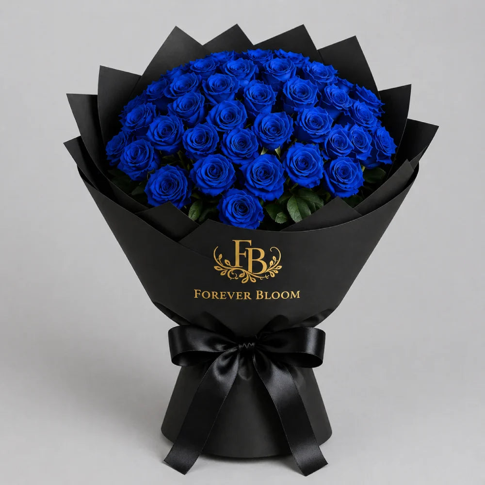 Bouquet of blue roses wrapped in black paper with a black bow, branded 'Forever Bloom'.