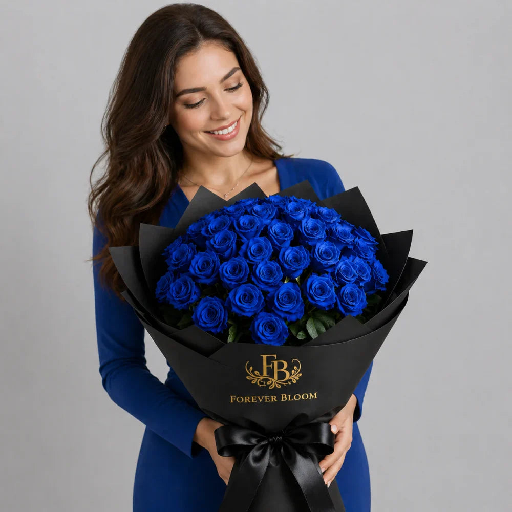 Woman holding a bouquet of blue roses in black wrap with 'Forever Bloom' branding.