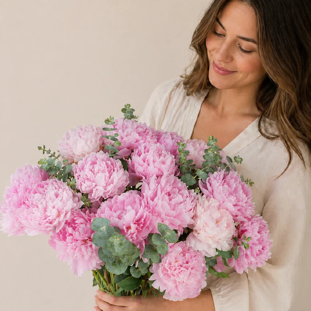 Woman holding a bouquet of pink flowers against a neutral background