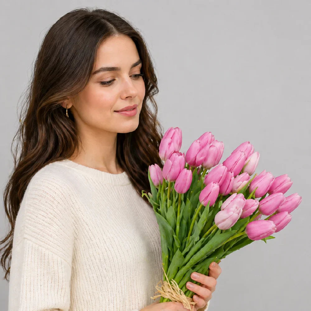 Woman holding a bouquet of pink tulips against a gray background