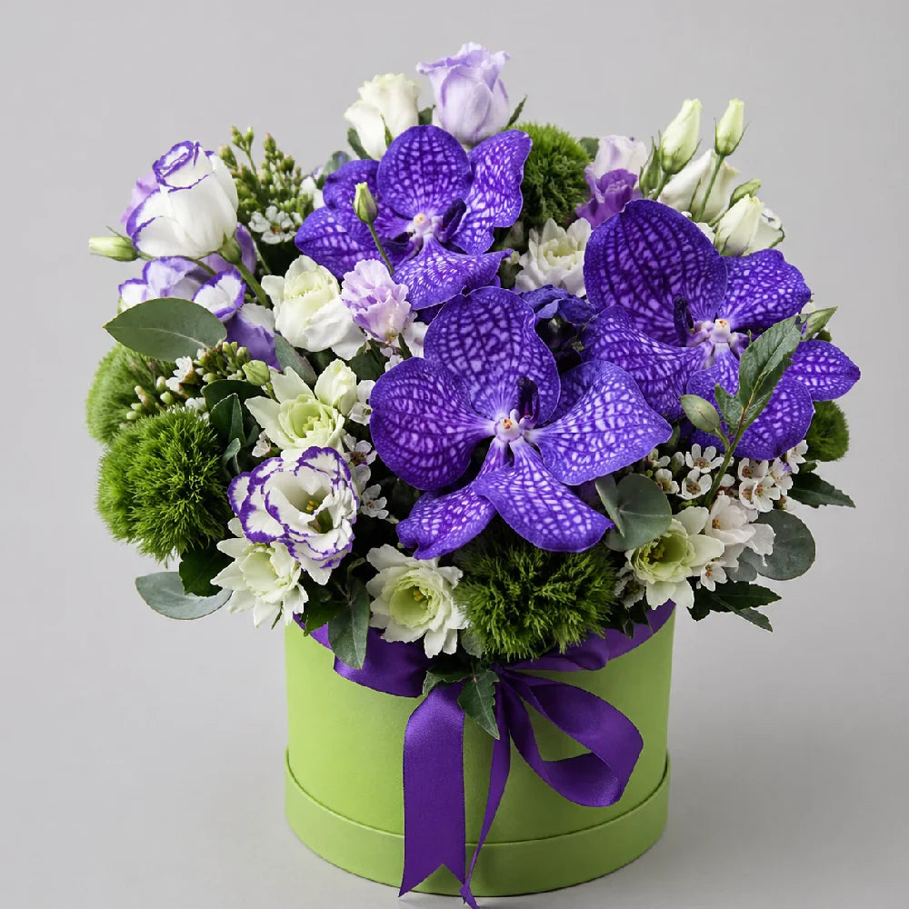 Bouquet of purple and white flowers in a green box with a purple ribbon on a gray background
