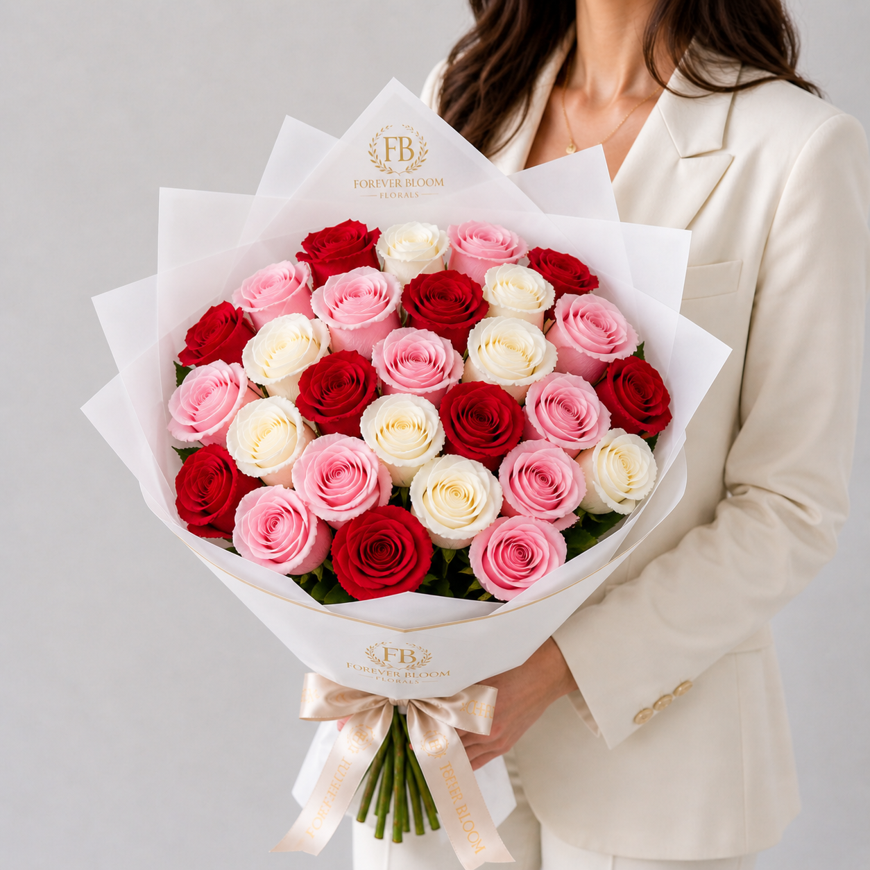Bouquet of red, pink, and white roses held by a person in a light-colored suit against a gray background.
