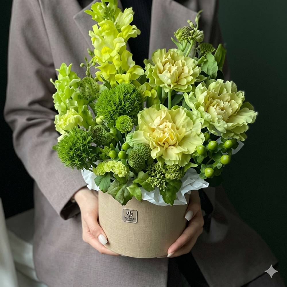 Person holding a bouquet of green and yellow flowers in a beige container.