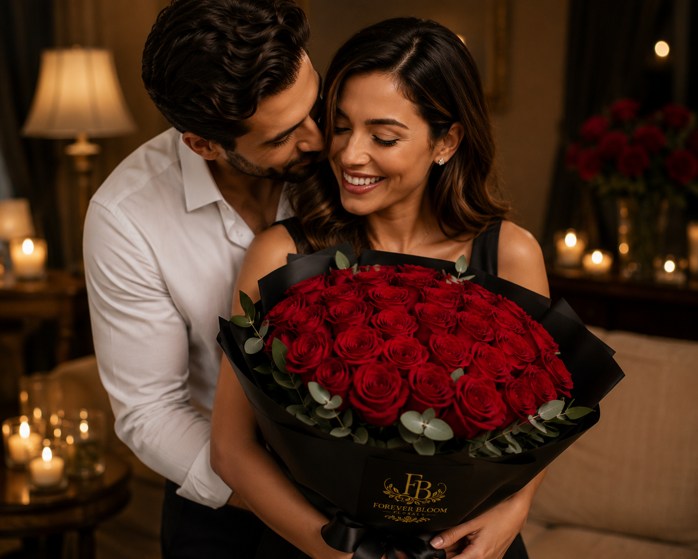 Man presenting a large bouquet of red roses to a woman in a cozy indoor setting.