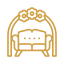 Decorative arch with a bed in the background