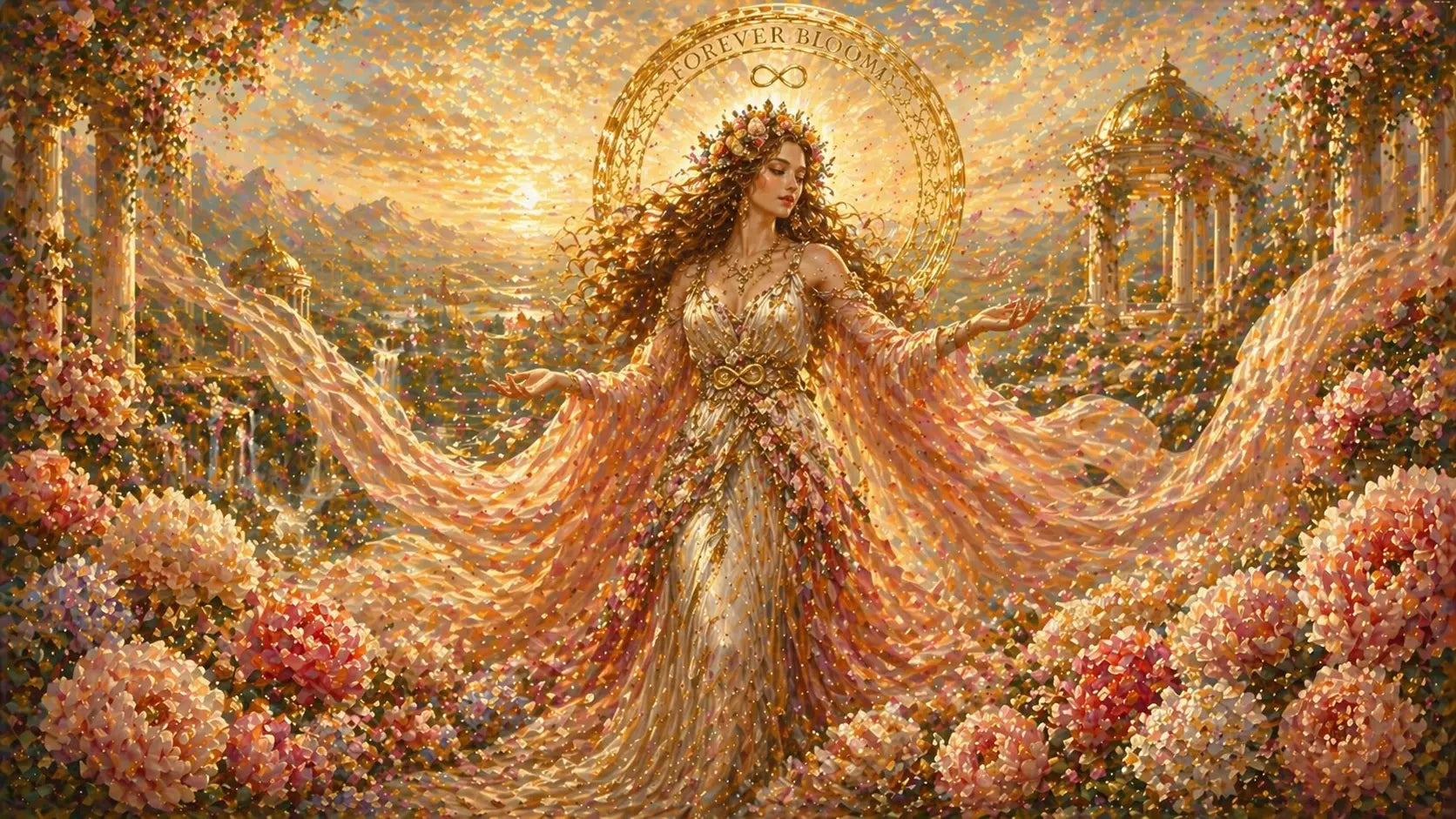Woman in a flowing dress surrounded by flowers and classical architecture