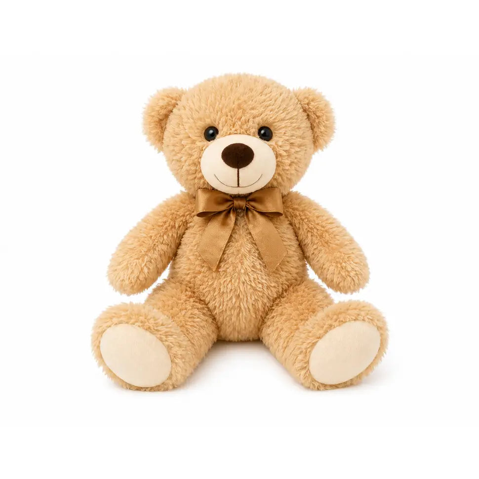 Brown teddy bear with a bow tie on a white background