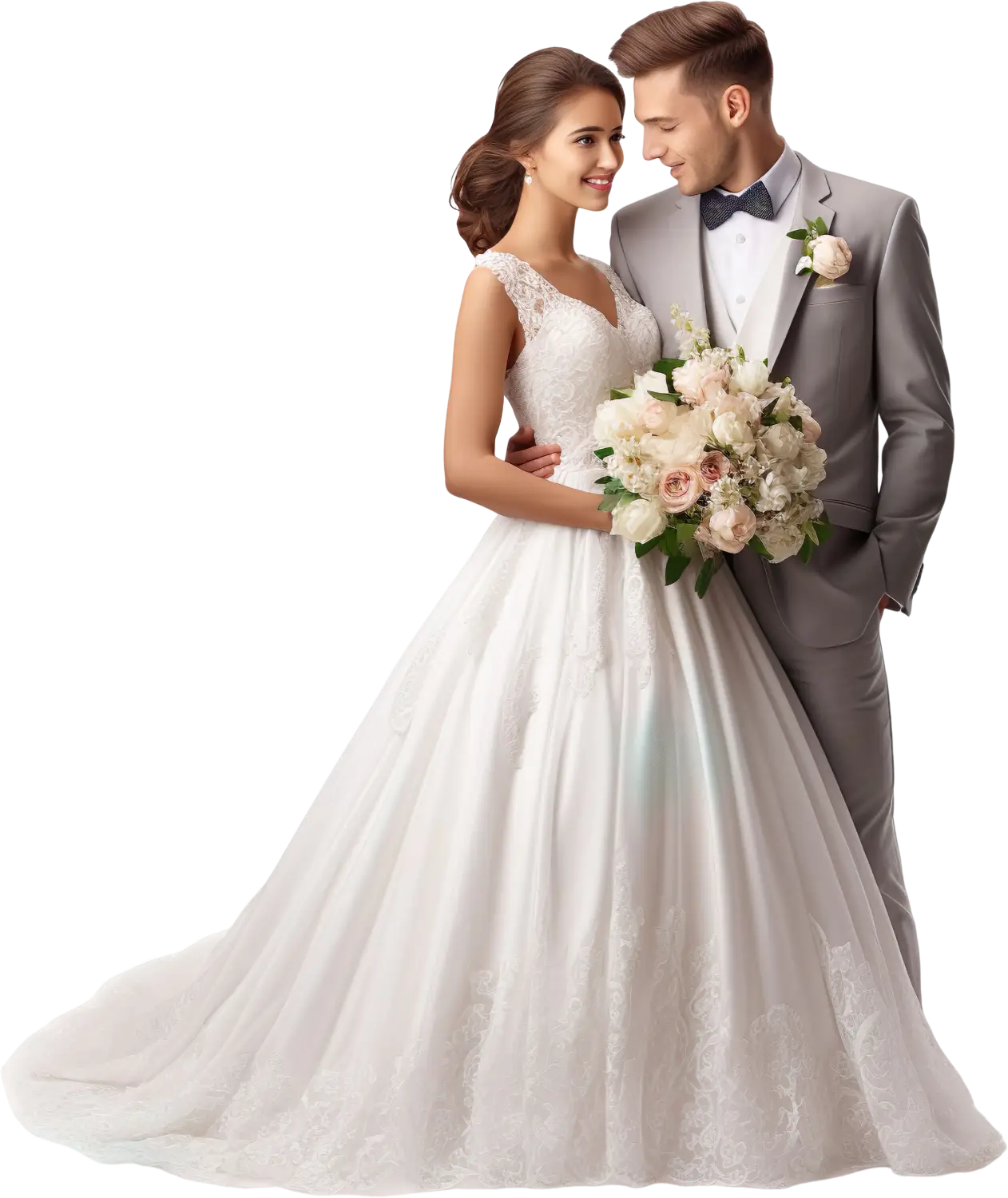 Man in a gray suit holding a bouquet of flowers next to a woman in a white wedding dress on a white background
