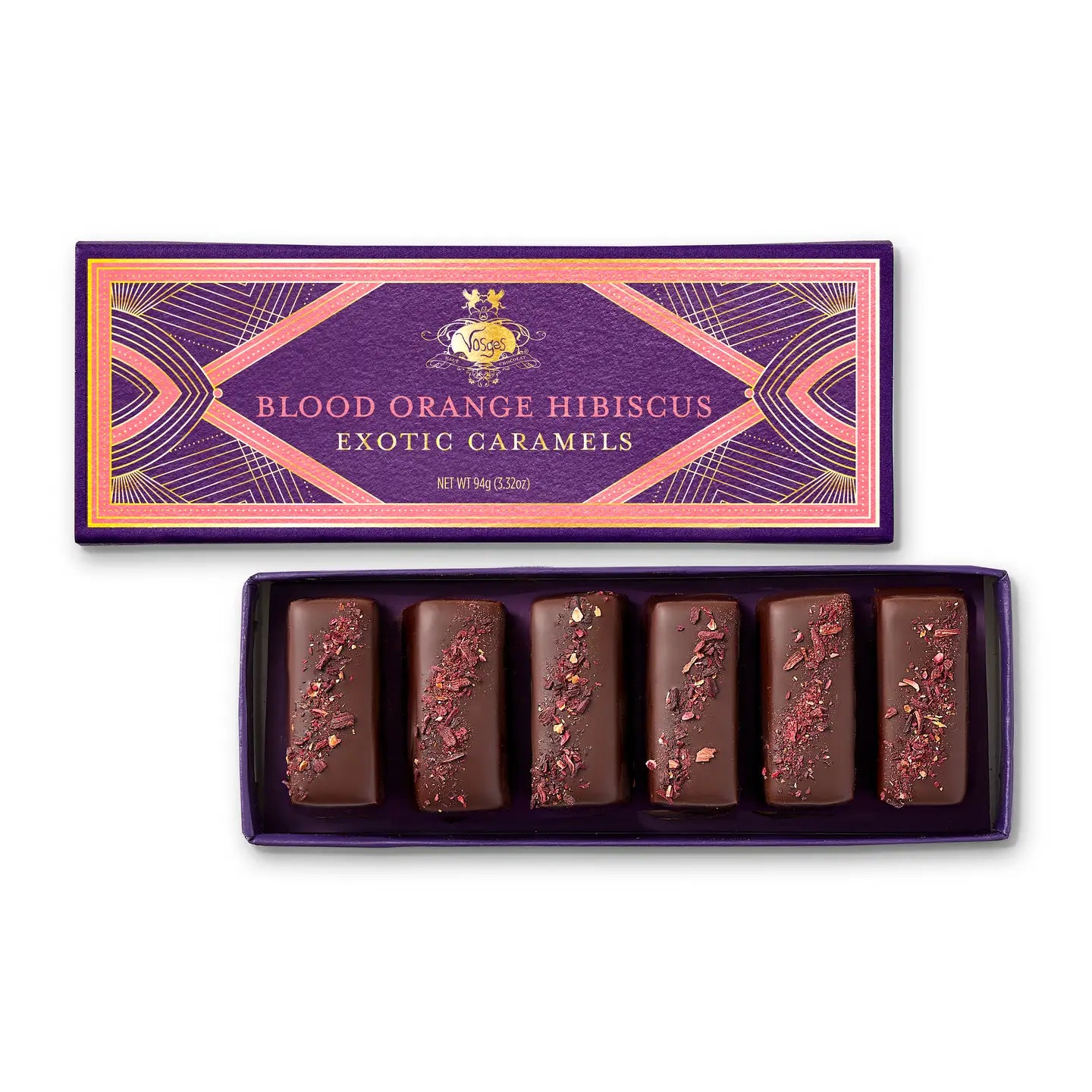 Box of Blood Orange Hibiscus Exotic Caramels with a decorative purple and pink box on a white background